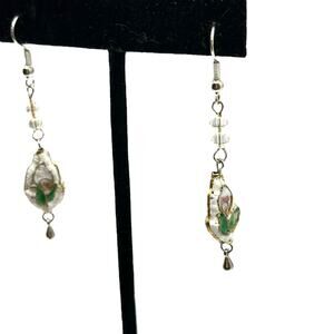 Wire wrapped natural cut stone with floral print dangle earrings gold-tone
